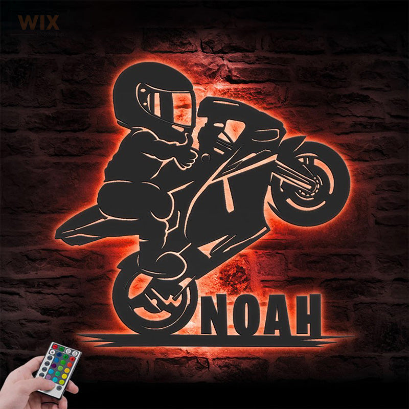 Personalized Motocross Biker Kids, Metal Wall Signs With RGB Led Light - WixDecor