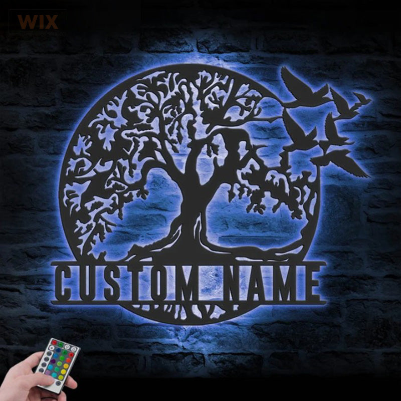 Custom Name Family Name Sign Home Decor Family Tree, Metal Wall Signs With RGB Led Light -