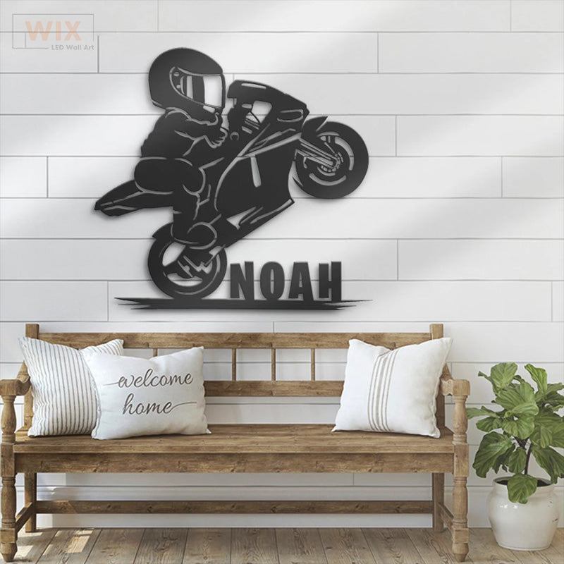 Personalized Motocross Biker Kids, Metal Wall Signs With RGB Led Light - WixDecor