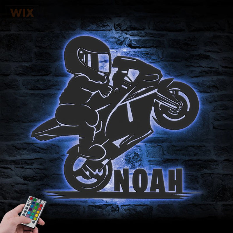 Personalized Motocross Biker Kids, Metal Wall Signs With RGB Led Light - WixDecor