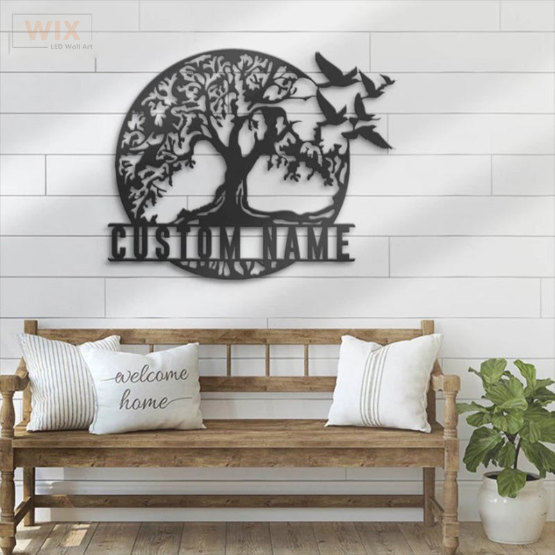 Custom Name Family Name Sign Home Decor Family Tree, Metal Wall Signs With RGB Led Light -