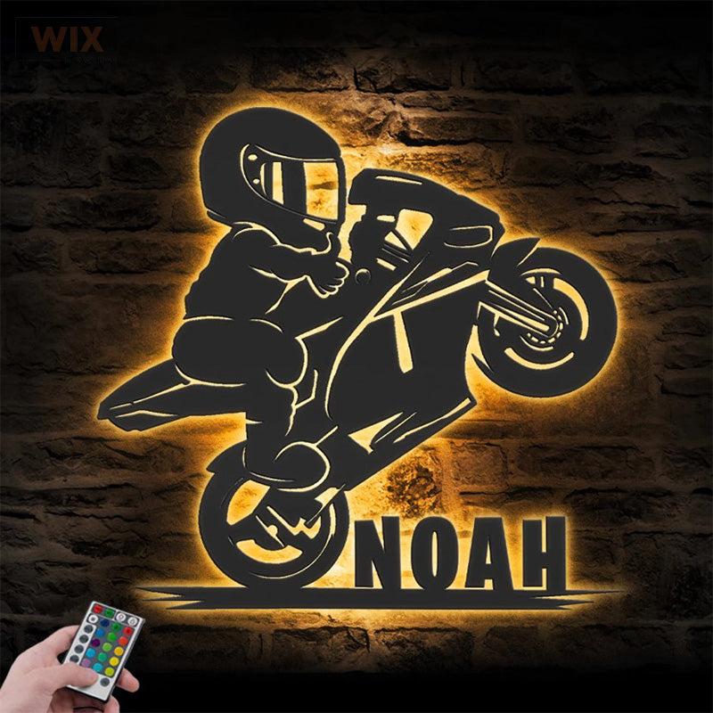 Personalized Motocross Biker Kids, Metal Wall Signs With RGB Led Light - WixDecor