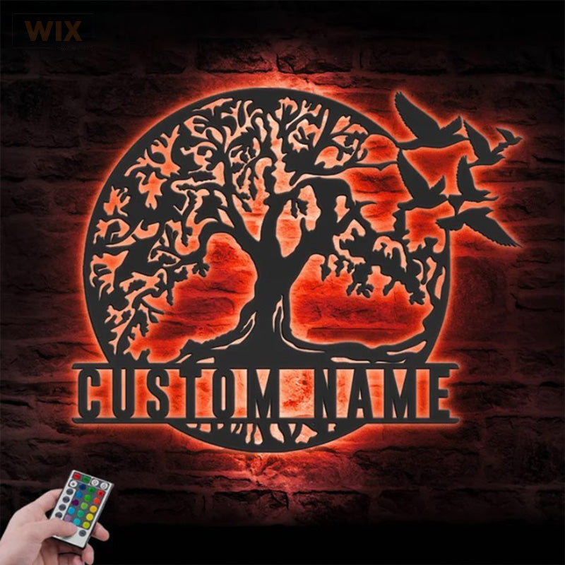 Custom Name Family Name Sign Home Decor Family Tree, Metal Wall Signs With RGB Led Light -
