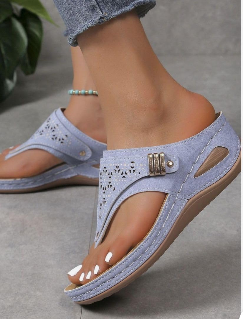 Buckle-Accent Thong Wedge Sandals — view 49