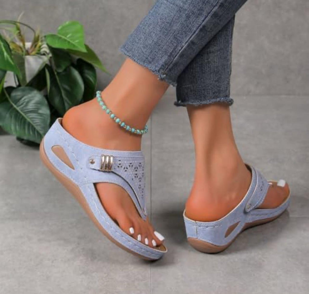 Buckle-Accent Thong Wedge Sandals — view 47