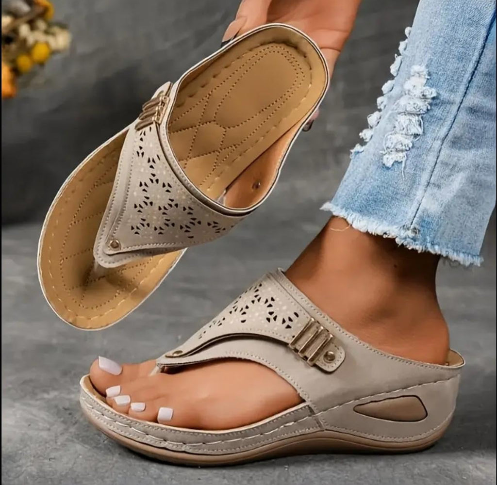 Buckle-Accent Thong Wedge Sandals — view 42