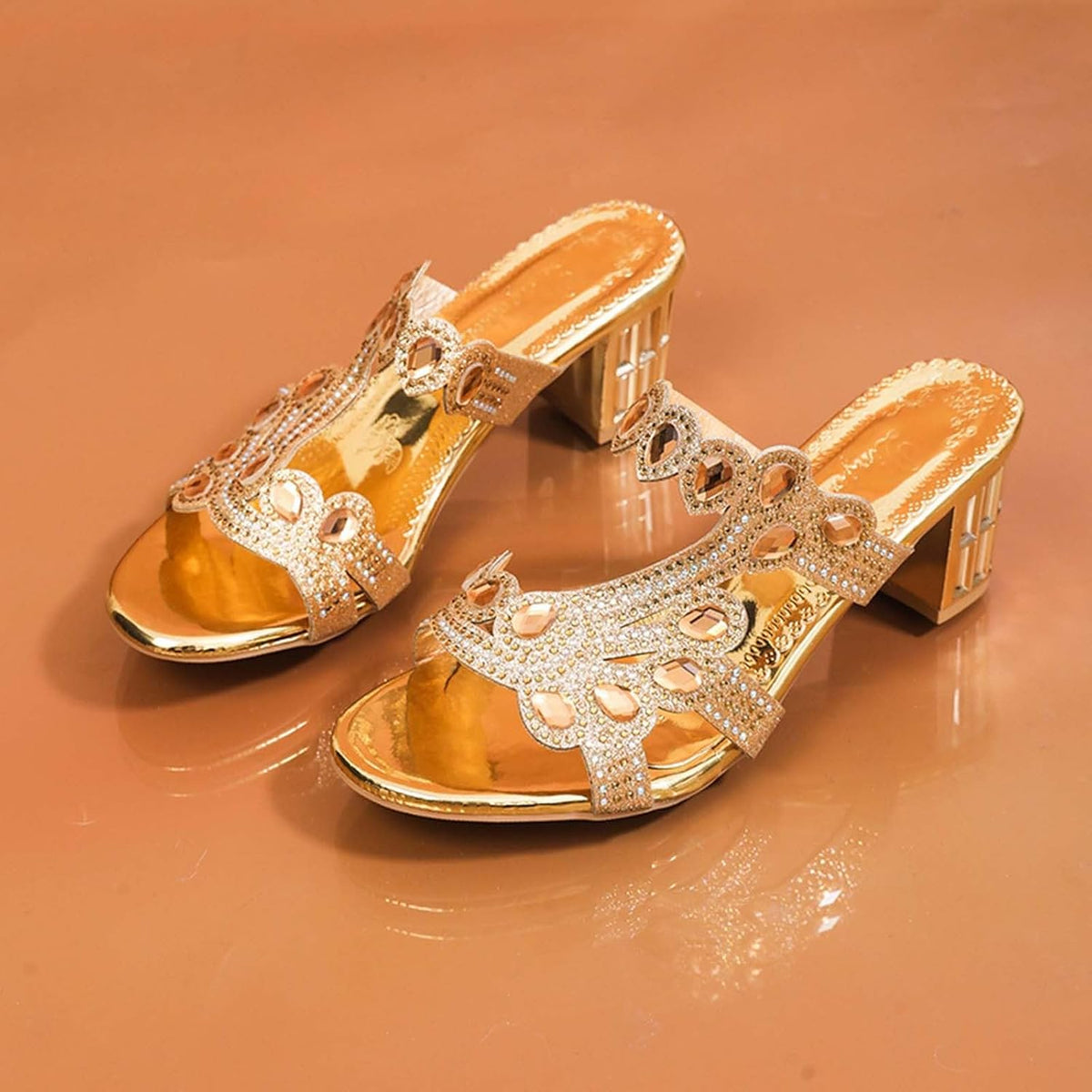 Jeweled Cutout Block-Heel Slides — view 14