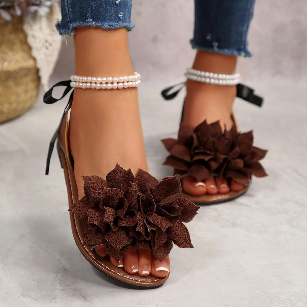 Floral Pearl-Accent Flat Sandals — view 22