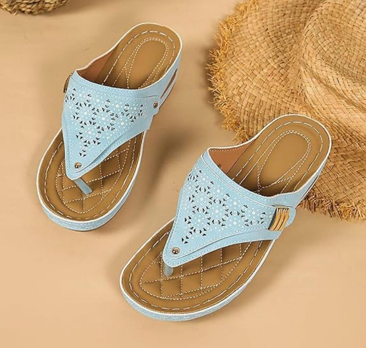Buckle-Accent Thong Wedge Sandals — view 12
