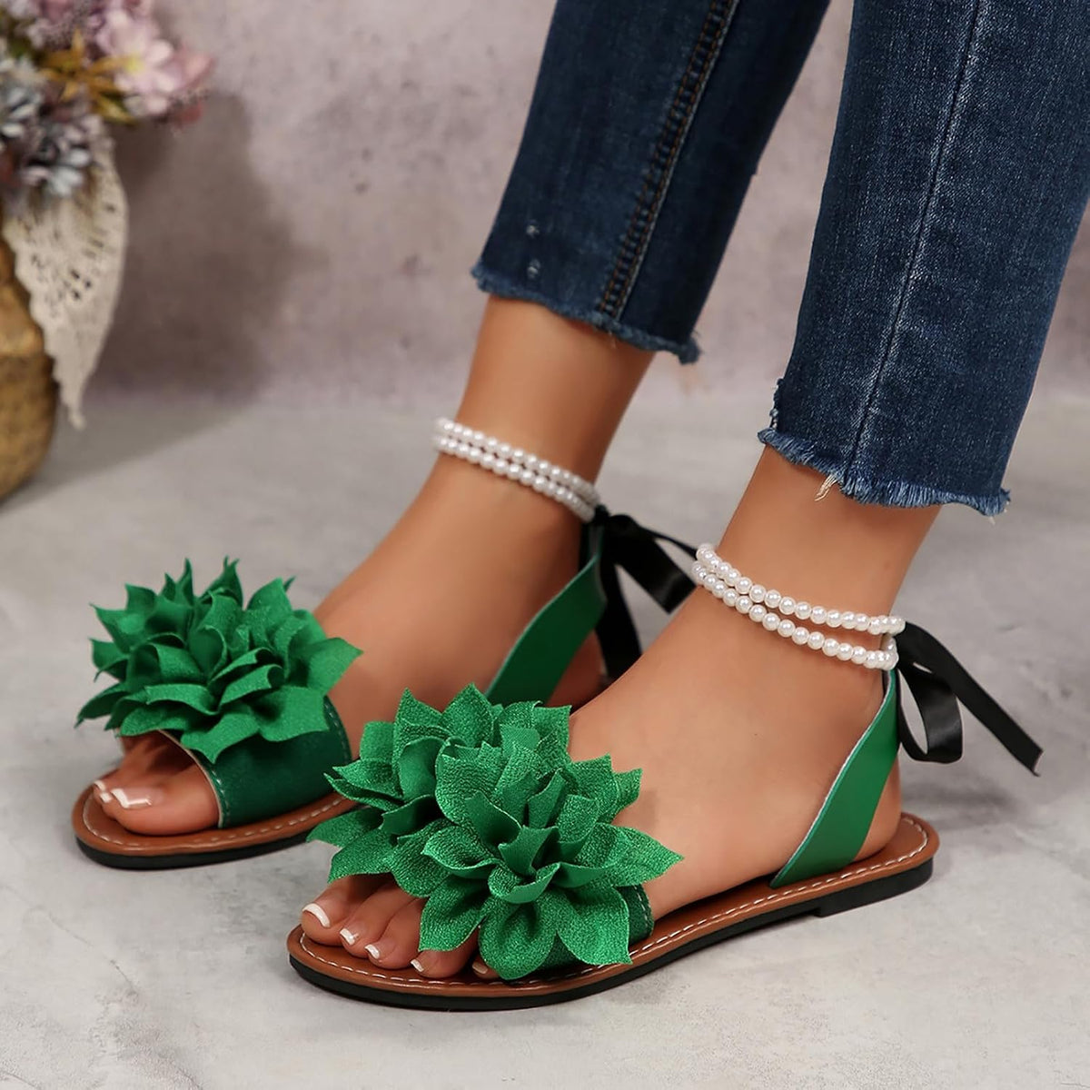 Floral Pearl-Accent Flat Sandals — view 29
