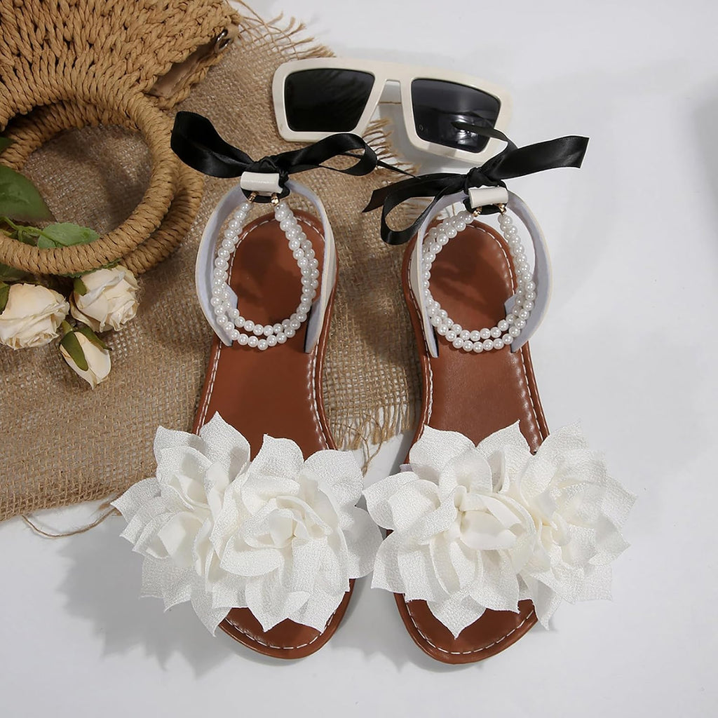 Floral Pearl-Accent Flat Sandals — view 40