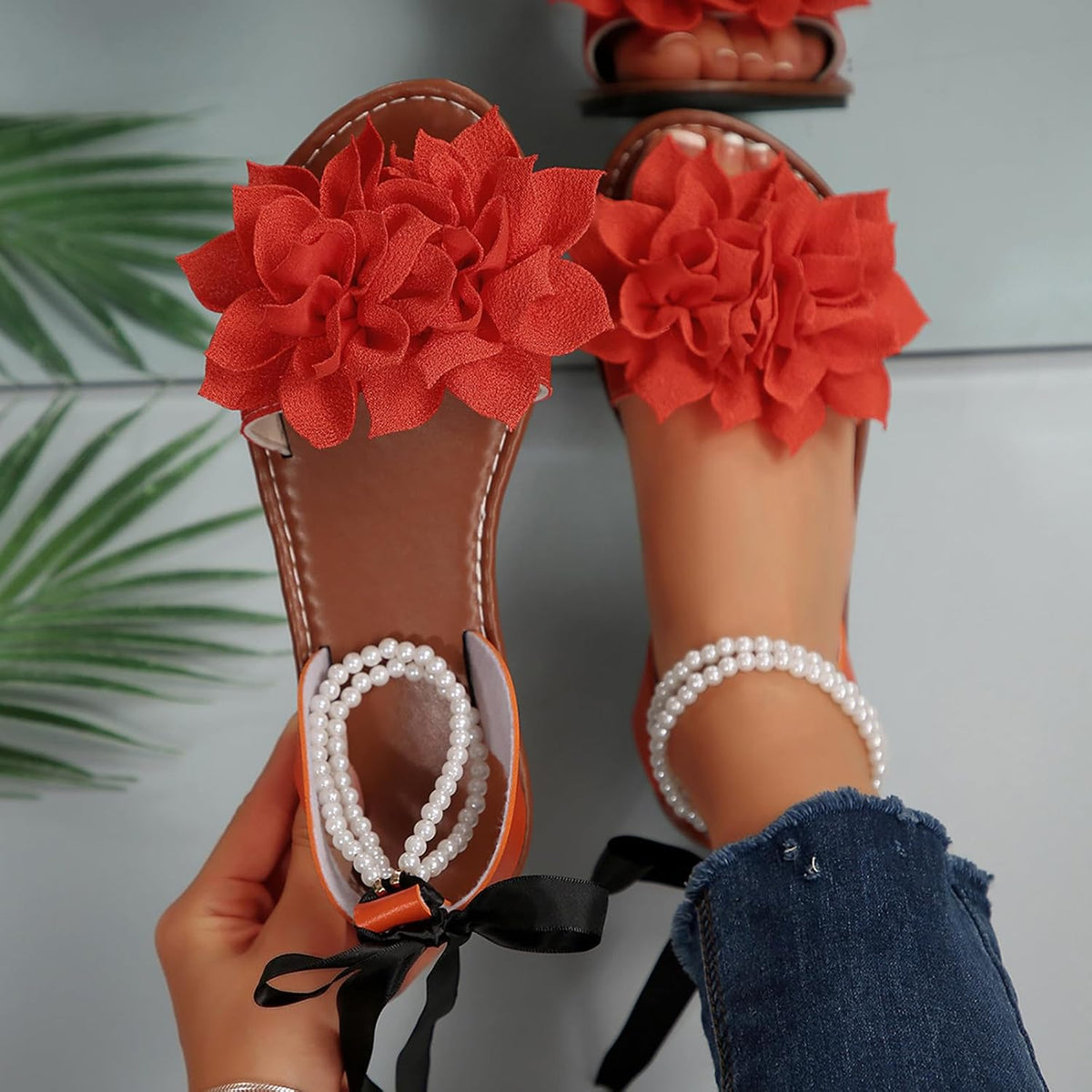 Floral Pearl-Accent Flat Sandals — view 33
