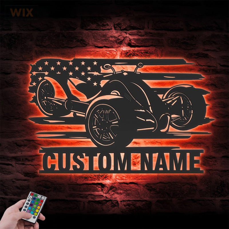 Personalized US Three Wheel Motorcycle, Metal Wall Signs With RGB Led Light - WixDecor