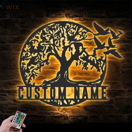 Custom Name Family Name Sign Home Decor Family Tree, Metal Wall Signs With RGB Led Light - WixDecor