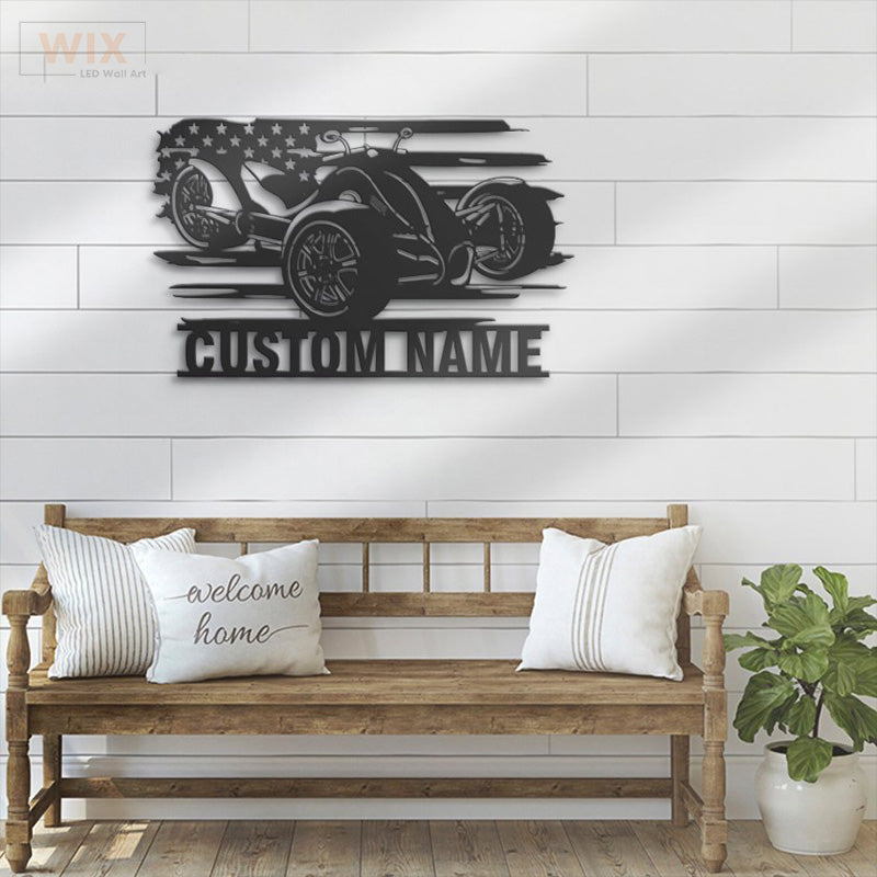 Personalized US Three Wheel Motorcycle, Metal Wall Signs With RGB Led Light - WixDecor