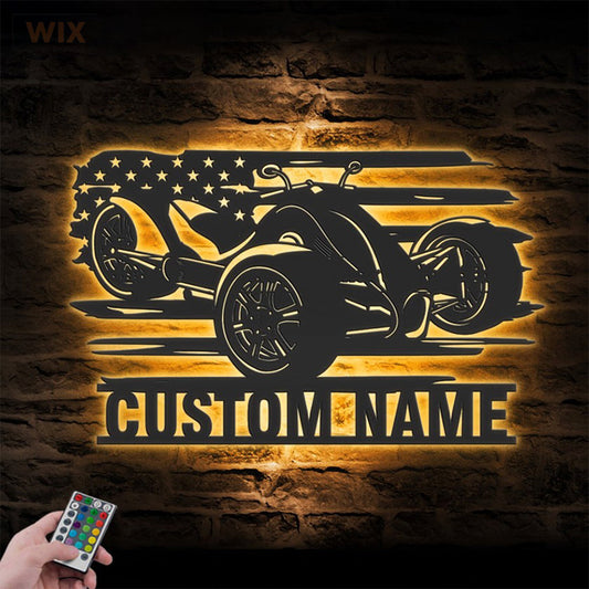 Personalized US Three Wheel Motorcycle, Metal Wall Signs With RGB Led Light - WixDecor