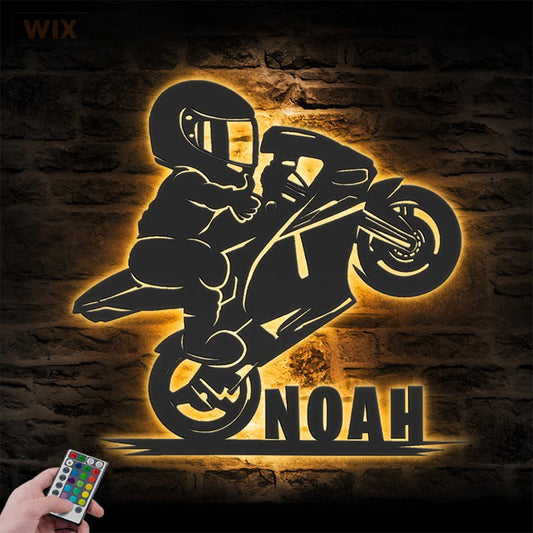 Personalized Motocross Biker Kids, Metal Wall Signs With RGB Led Light - WixDecor
