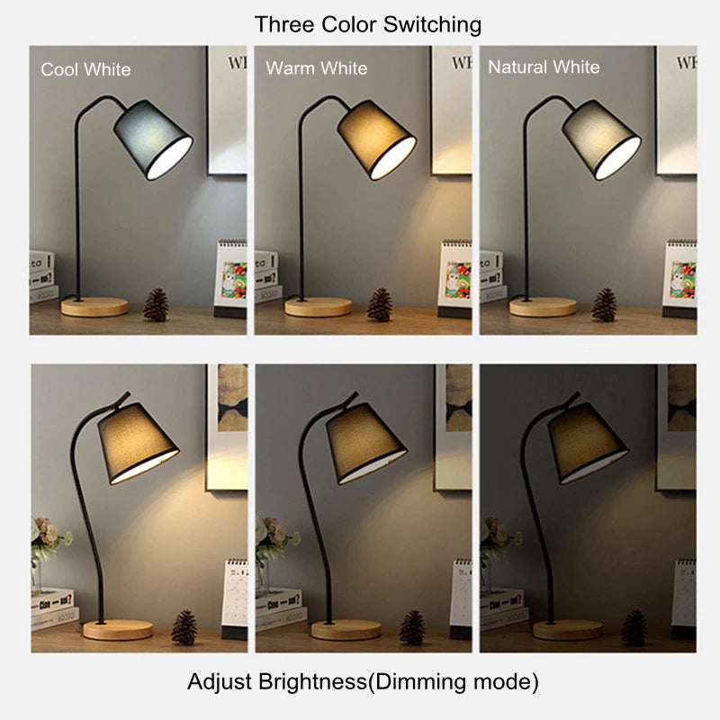 Nordic Wooden Art Iron LED Fashion Simple Desk Lamp Eye Protection Dimming Fabric lampshade Table Lamp Living Room Home Decor