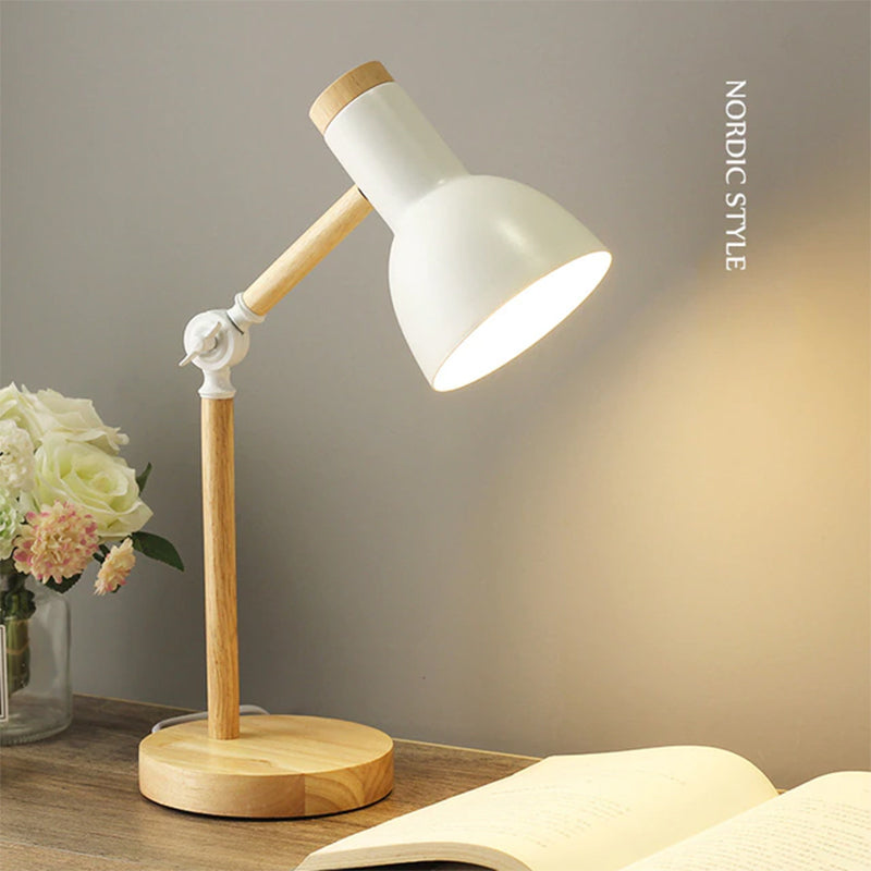 Creative Nordic Wooden Art Iron LED Folding Simple Desk Lamp, Eye Protection Reading Table Lamp Living Room Bedroom Home Decor
